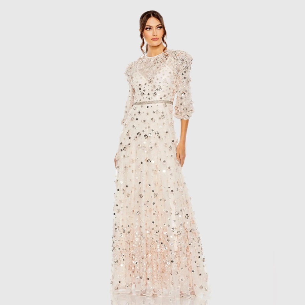 Mac Duggal 93805 Nwt Floral Applique Puff Sleeve High Neck A-Line Gown